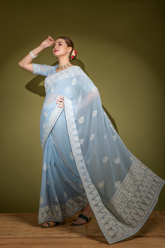 Jyoti Fashion Women's Sky Blue Lakhnavi Thread work Georgette Saree with Blouse | Grocsy