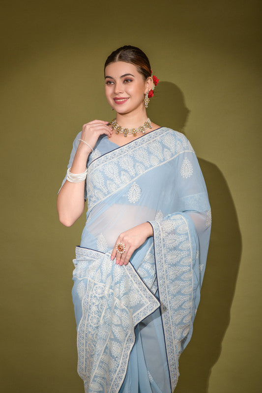 Jyoti Fashion Women's Sky Blue Lakhnavi Thread work Georgette Saree with Blouse | Grocsy