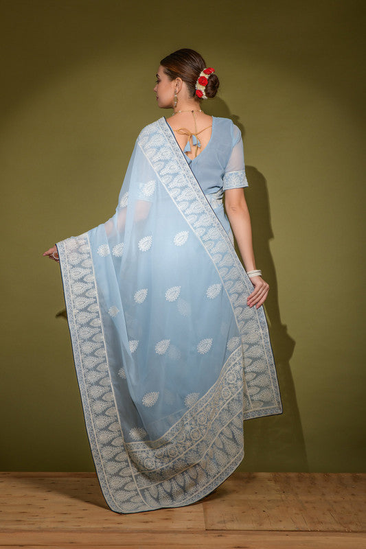 Jyoti Fashion Women's Sky Blue Lakhnavi Thread work Georgette Saree with Blouse | Grocsy