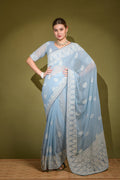 Jyoti Fashion Women's Sky Blue Lakhnavi Thread work Georgette Saree with Blouse | Grocsy