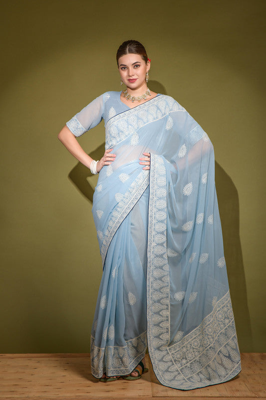 Jyoti Fashion Women's Sky Blue Lakhnavi Thread work Georgette Saree with Blouse | Grocsy