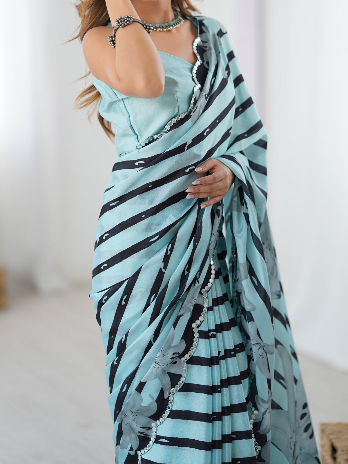 Jyoti Fashion Women's Sea Green Chinon Digital Printed Designer Saree with Blouse | Grocsy