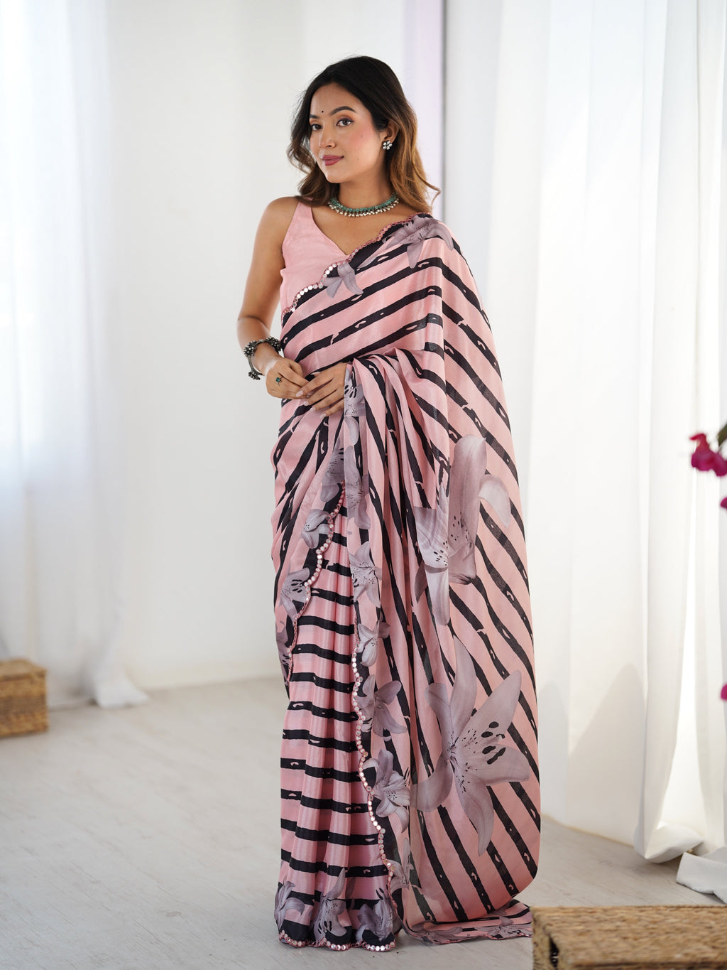 Jyoti Fashion Women's Baby Pink Chinon Digital Printed Designer Saree with Blouse | Grocsy