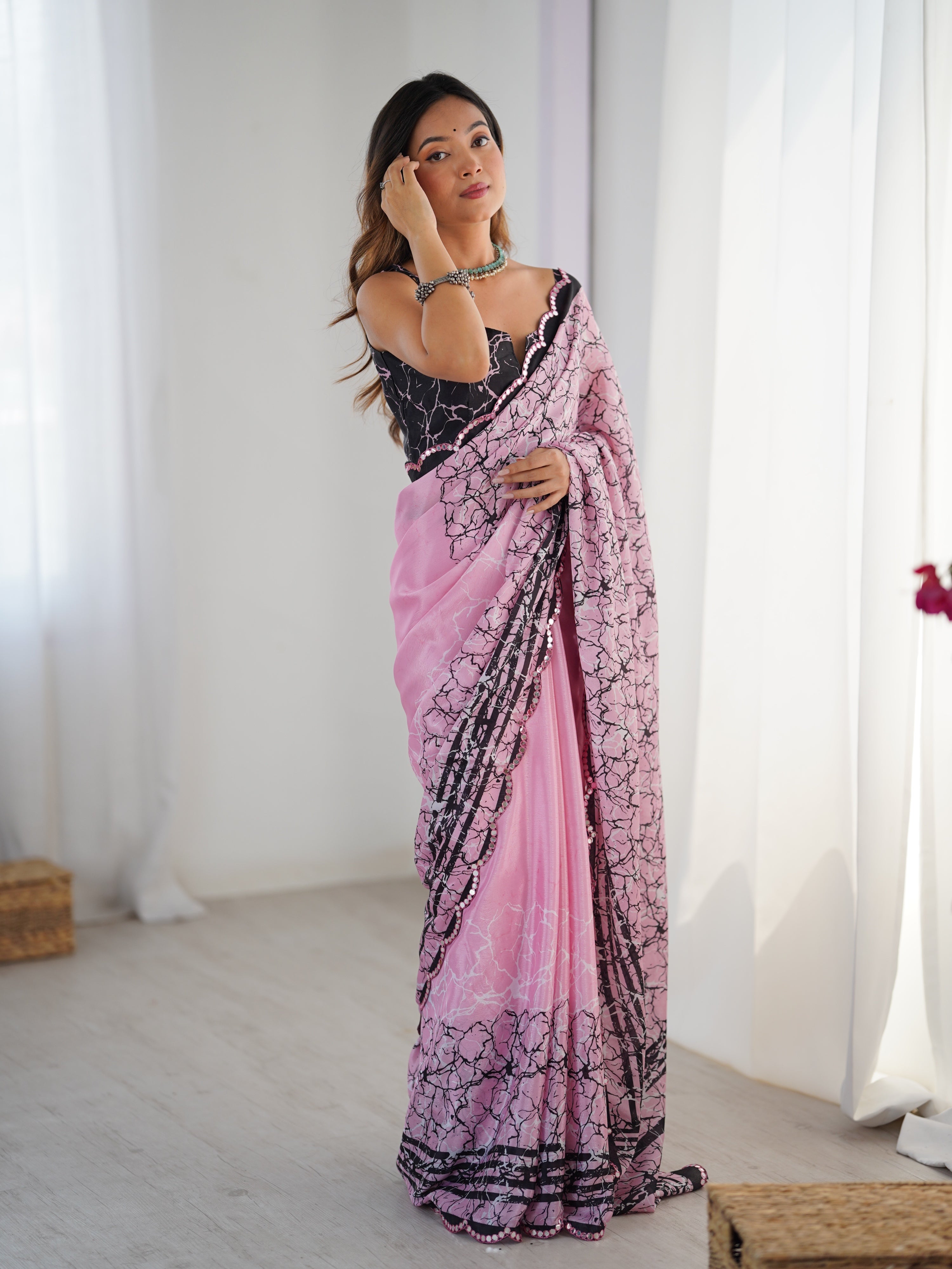 Jyoti Fashion Women's Pink Chinon Digital Printed Designer Saree with Blouse | Grocsy