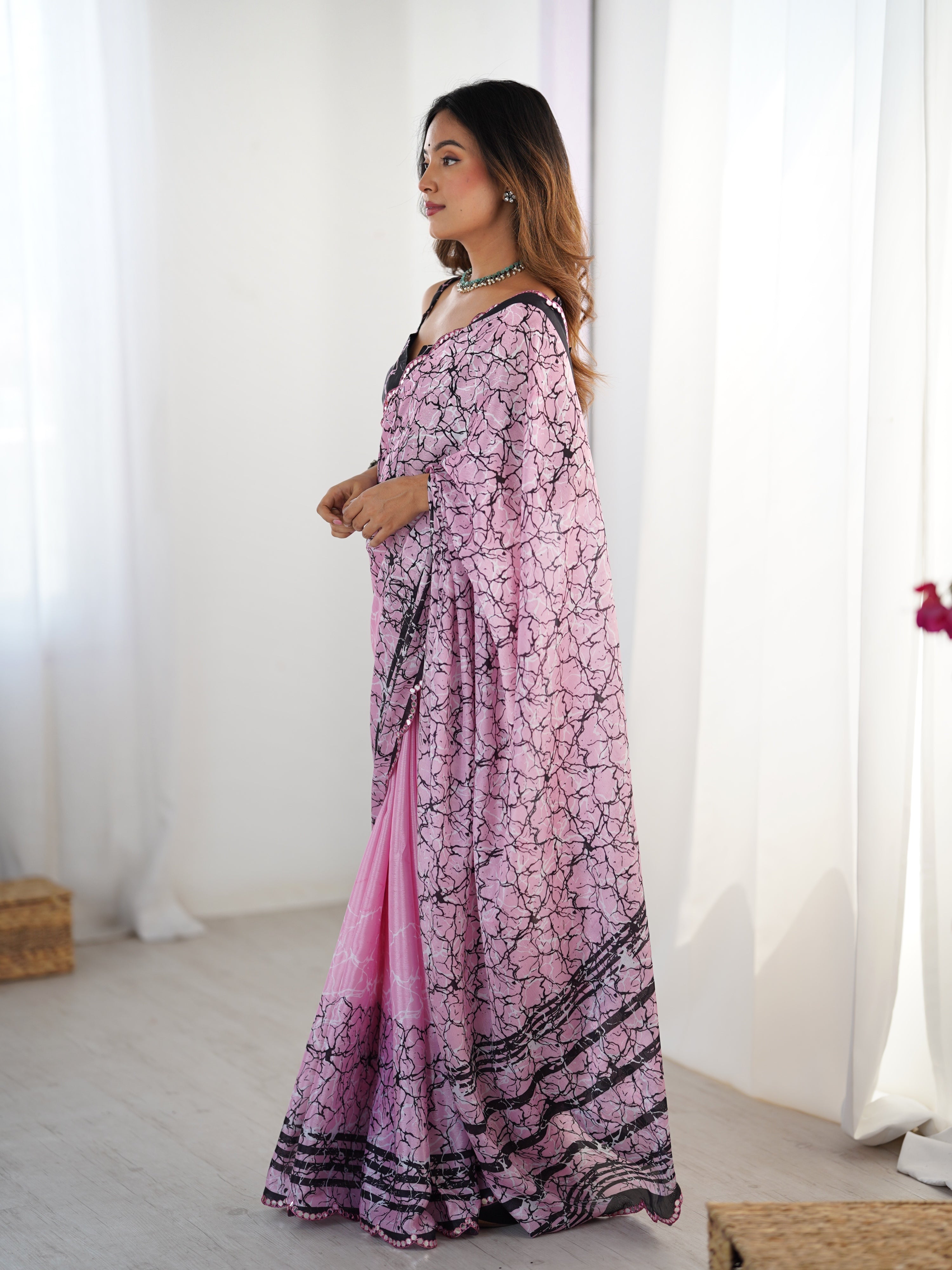 Jyoti Fashion Women's Pink Chinon Digital Printed Designer Saree with Blouse | Grocsy