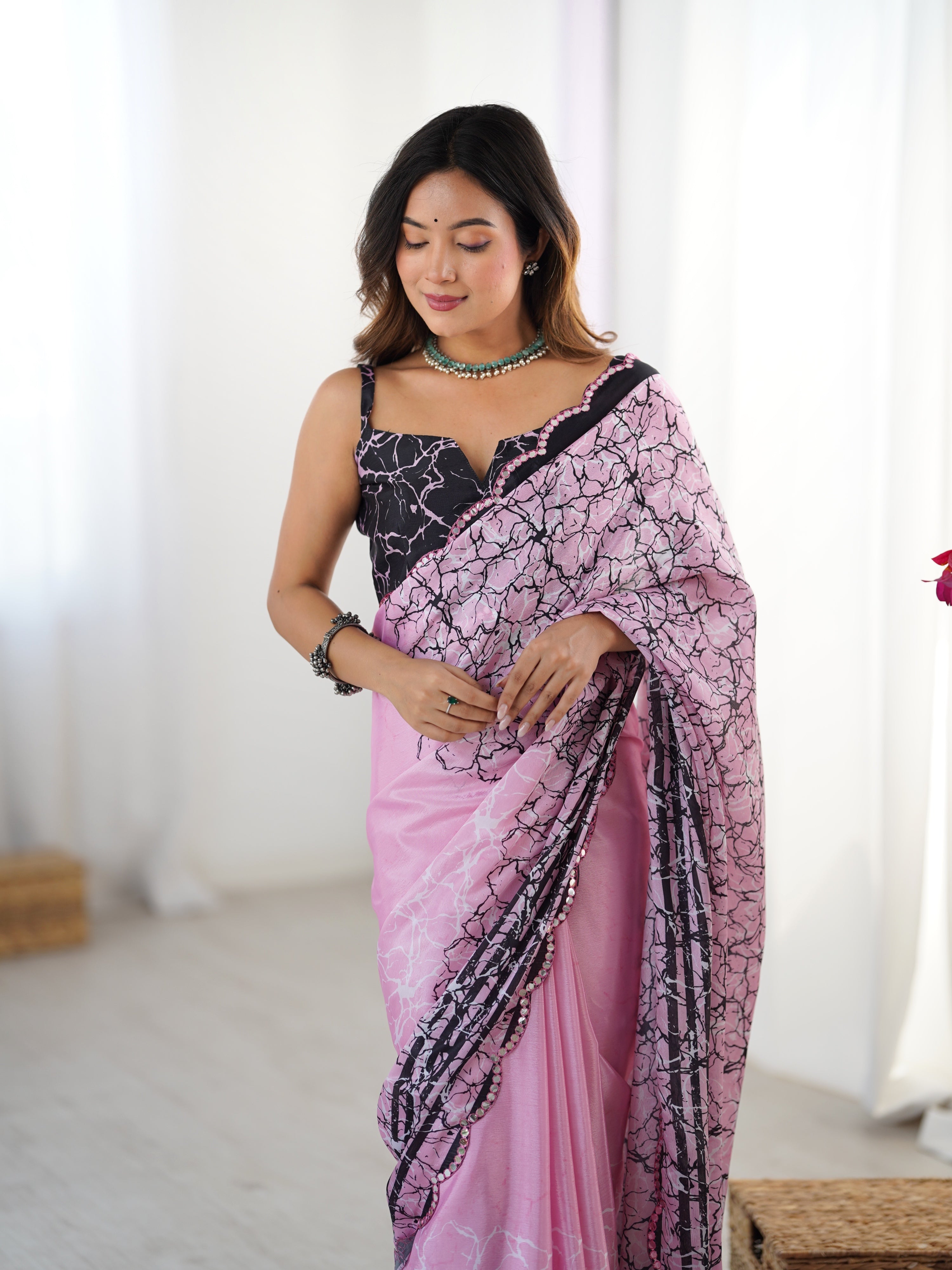 Jyoti Fashion Women's Pink Chinon Digital Printed Designer Saree with Blouse | Grocsy