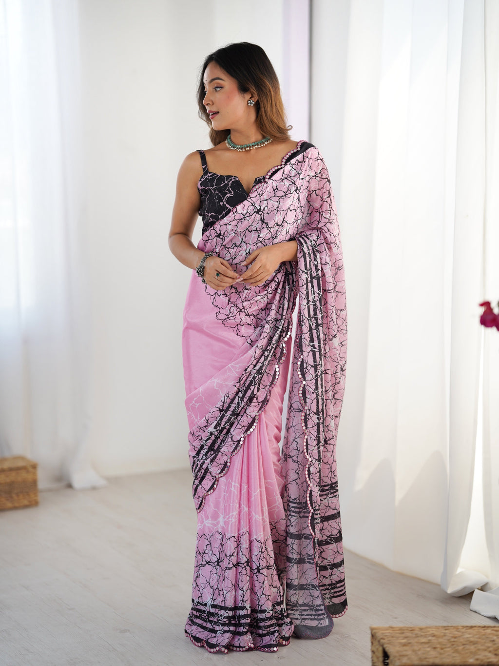 Jyoti Fashion Women's Pink Chinon Digital Printed Designer Saree with Blouse | Grocsy