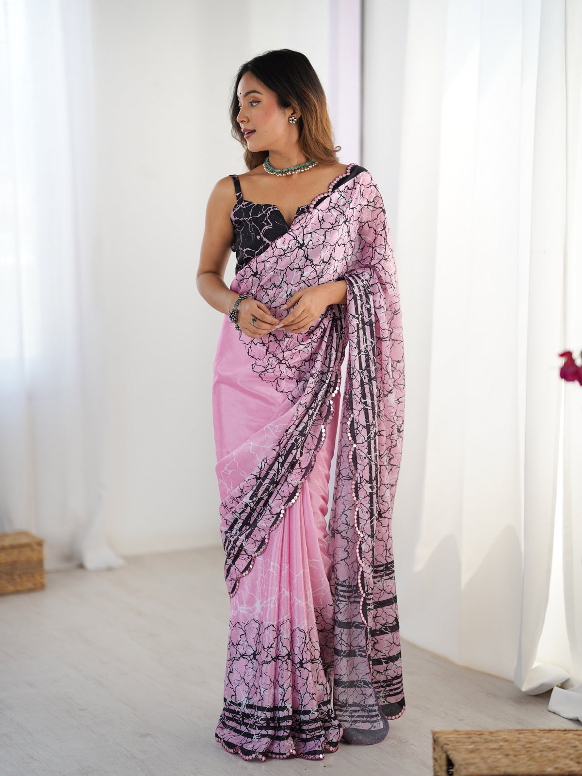 Jyoti Fashion Women's Pink Chinon Digital Printed Designer Saree with Blouse | Grocsy
