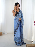 Jyoti Fashion Women's Blue Chinon Digital Printed Designer Saree with Blouse | Grocsy