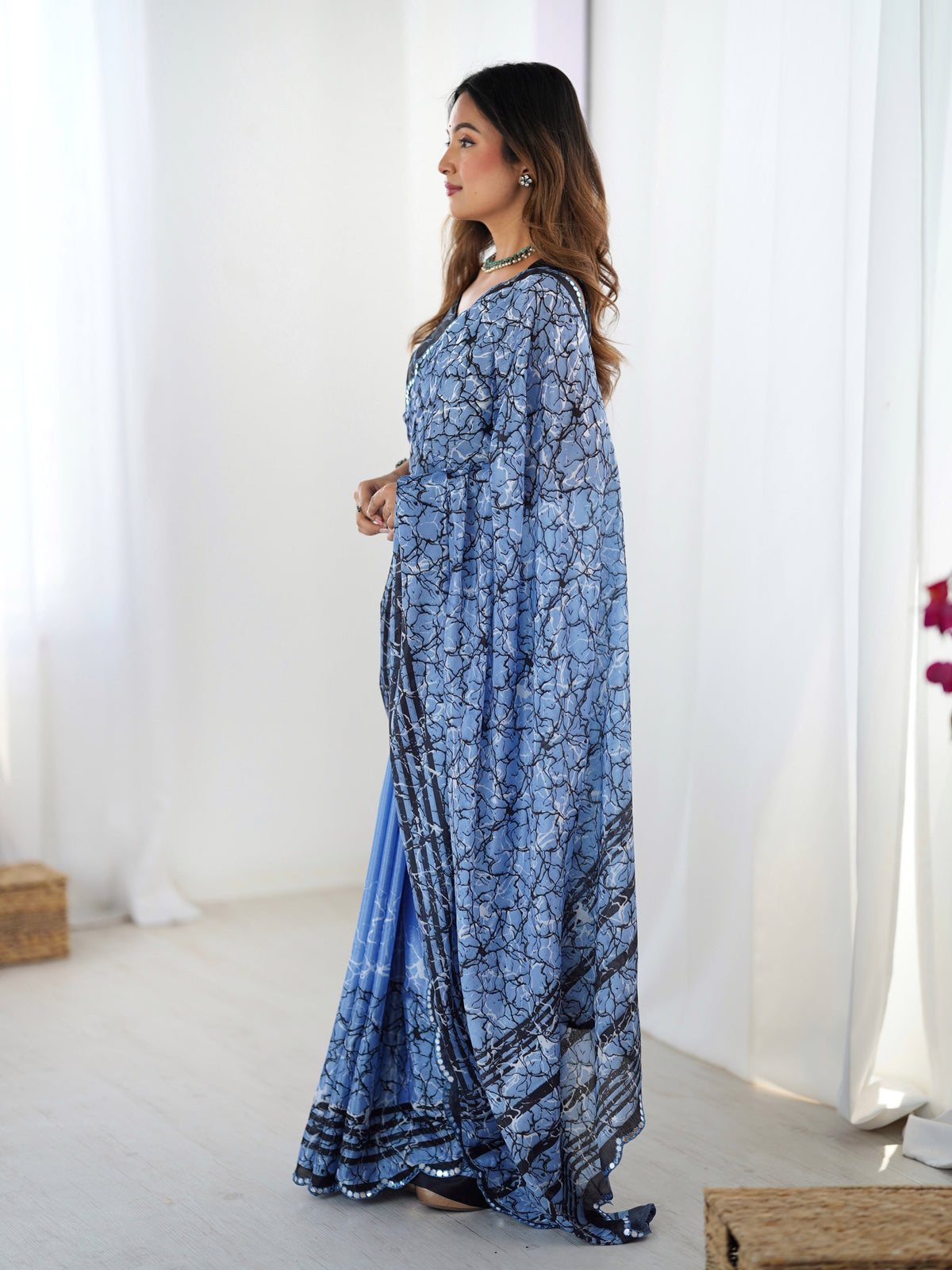 Jyoti Fashion Women's Blue Chinon Digital Printed Designer Saree with Blouse | Grocsy