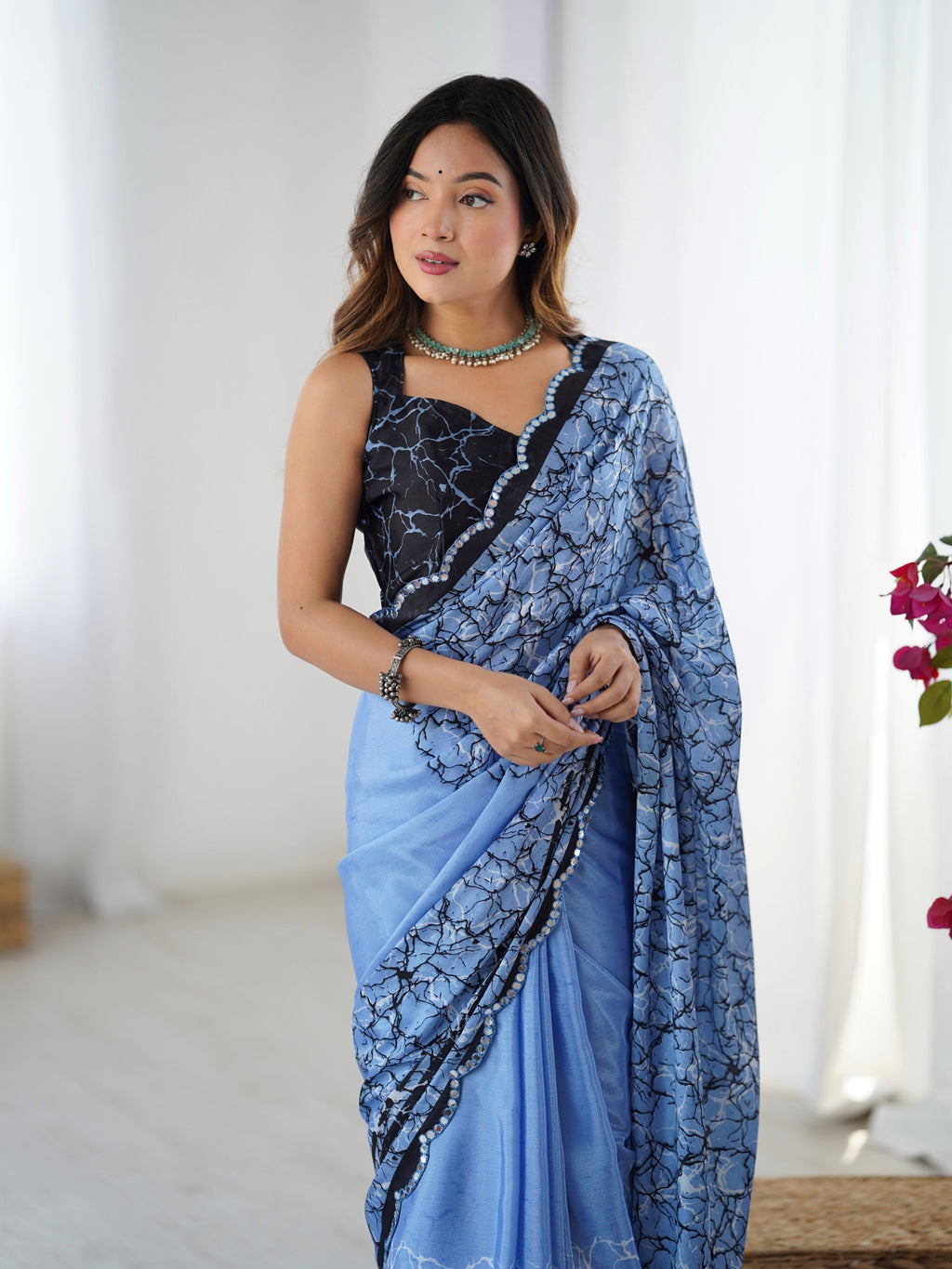 Jyoti Fashion Women's Blue Chinon Digital Printed Designer Saree with Blouse | Grocsy