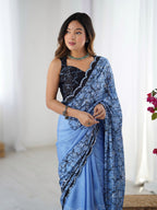 Jyoti Fashion Women's Blue Chinon Digital Printed Designer Saree with Blouse | Grocsy
