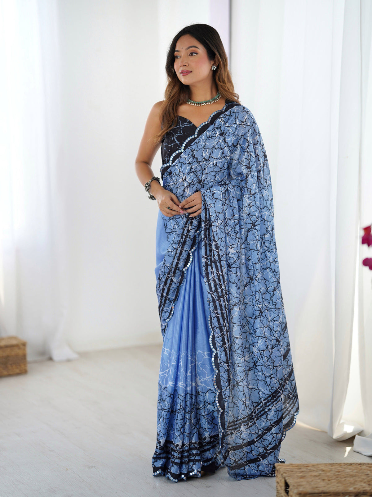 Jyoti Fashion Women's Blue Chinon Digital Printed Designer Saree with Blouse | Grocsy
