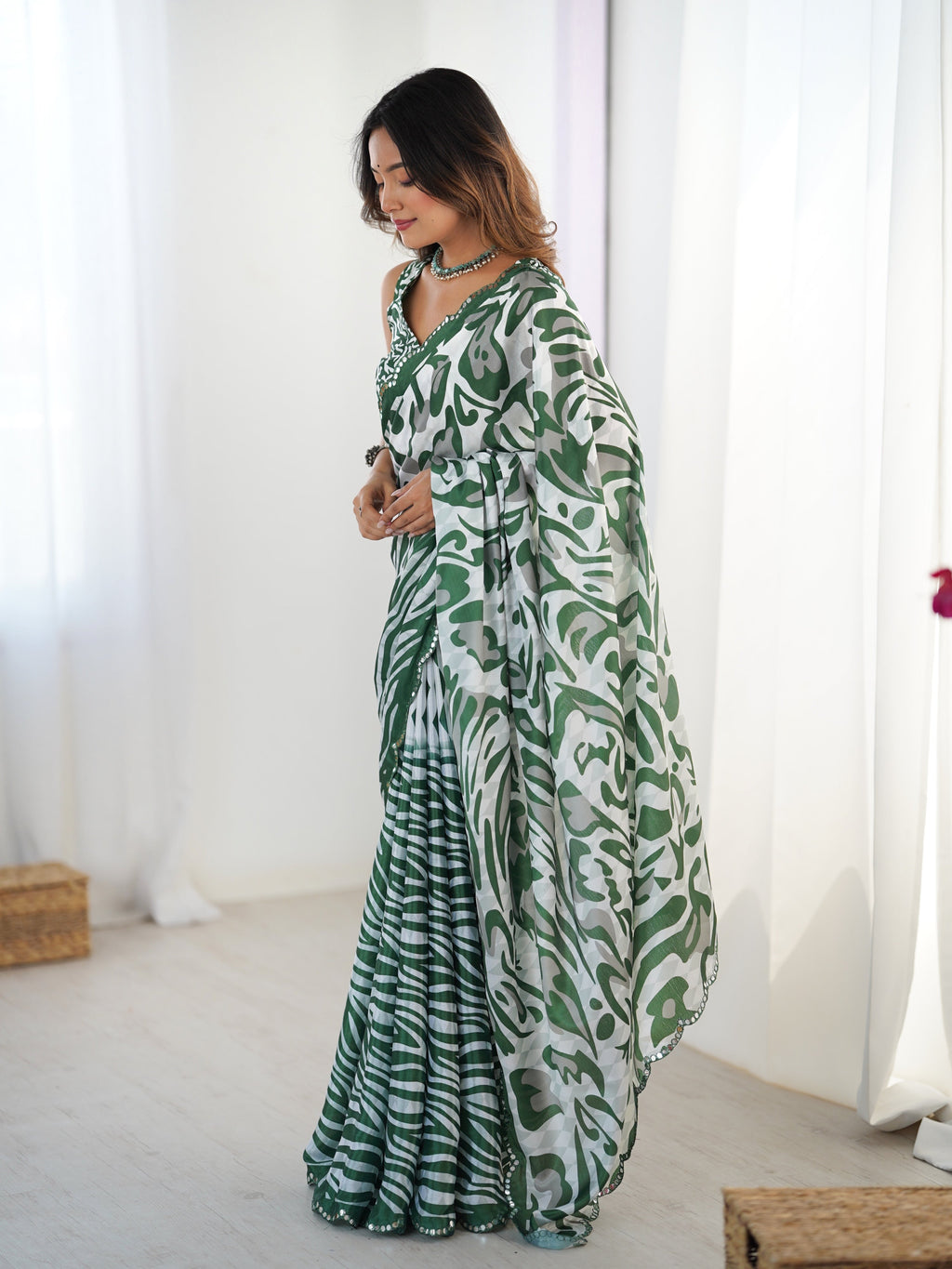 Jyoti Fashion Women's Green Chinon Digital Printed Designer Saree with Blouse | Grocsy