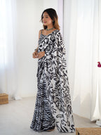 Jyoti Fashion Women's Black Chinon Digital Printed Designer Saree with Blouse | Grocsy
