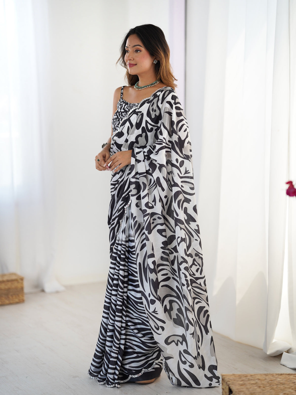Jyoti Fashion Women's Black Chinon Digital Printed Designer Saree with Blouse | Grocsy