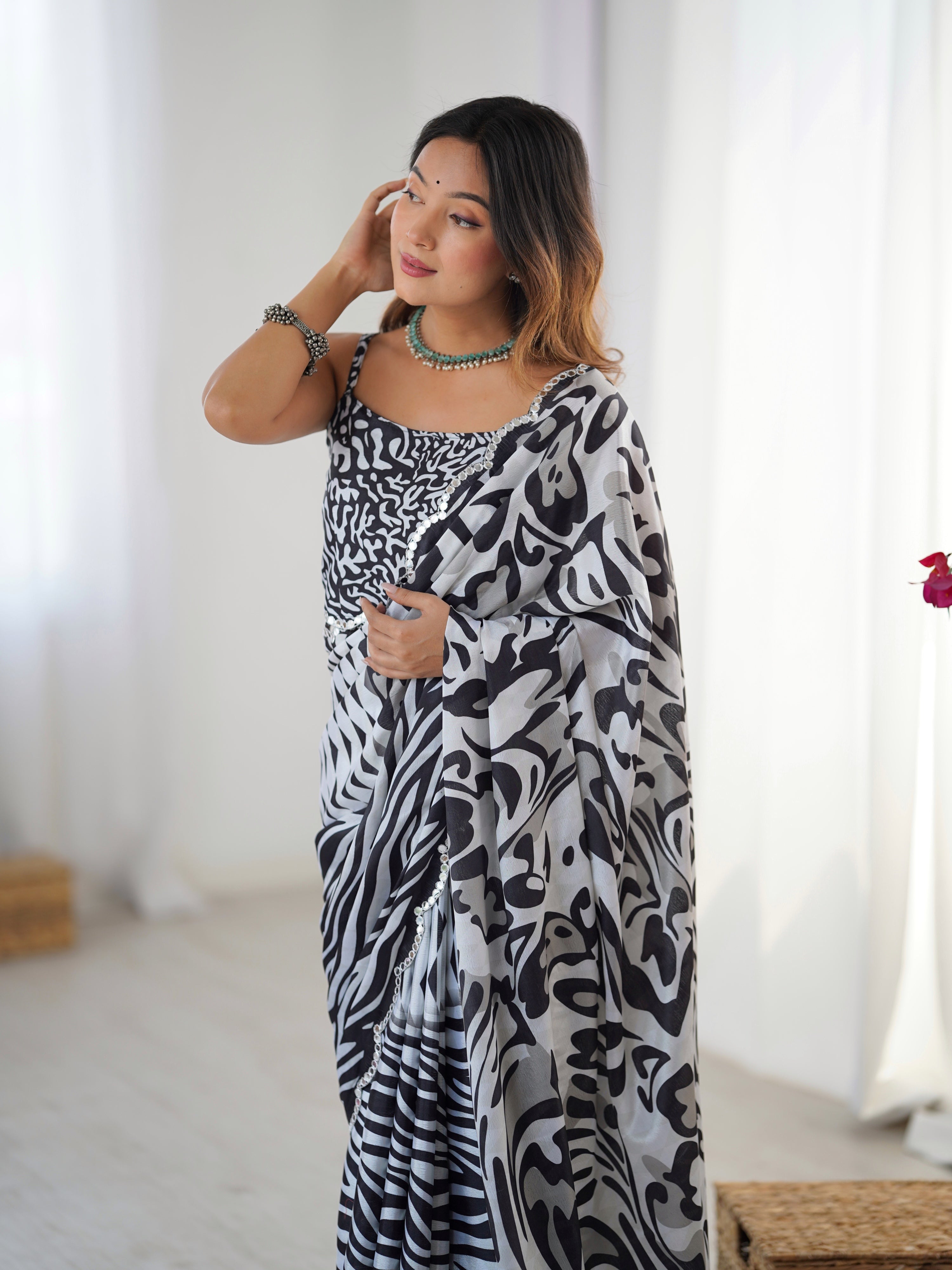 Jyoti Fashion Women's Black Chinon Digital Printed Designer Saree with Blouse | Grocsy