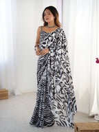 Jyoti Fashion Women's Black Chinon Digital Printed Designer Saree with Blouse | Grocsy