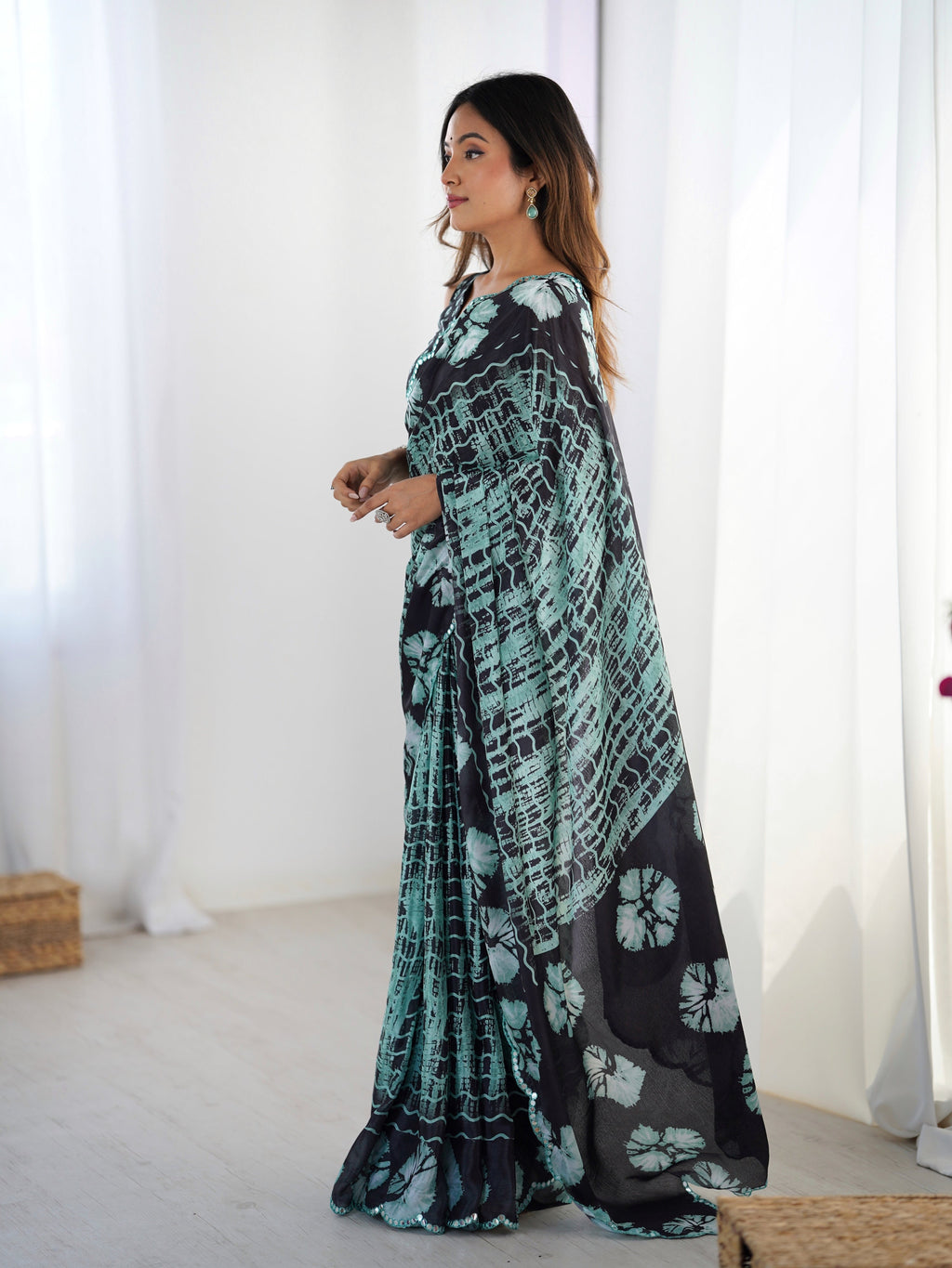 Jyoti Fashion Women's Sea Green Chinon Digital Printed Designer Saree with Blouse | Grocsy