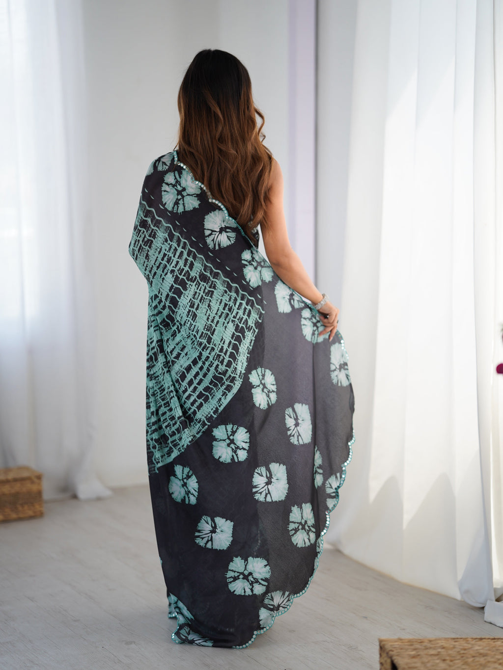 Jyoti Fashion Women's Sea Green Chinon Digital Printed Designer Saree with Blouse | Grocsy