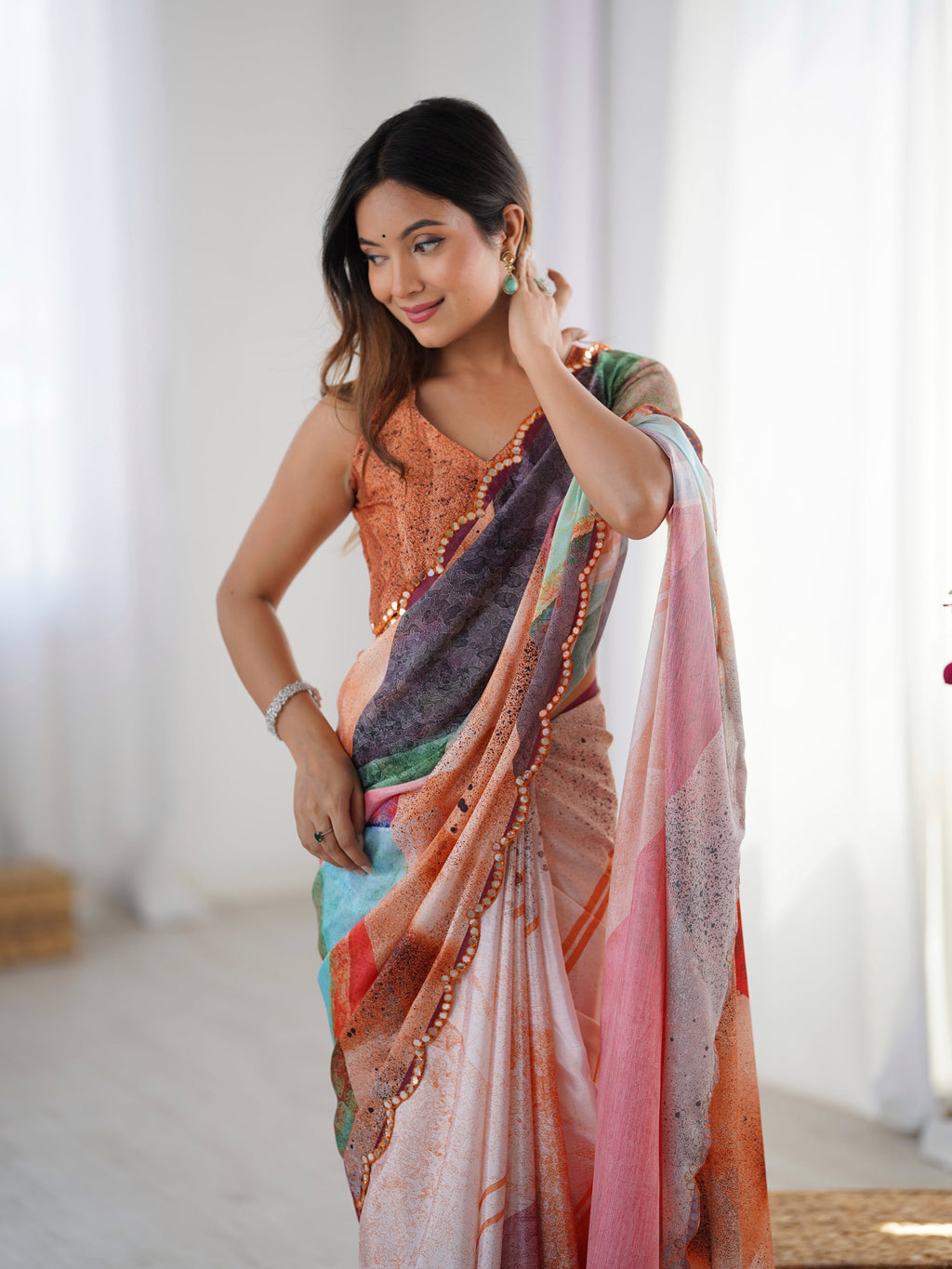 Jyoti Fashion Women's Multicolor Chinon Digital Printed Designer Saree with Blouse | Grocsy
