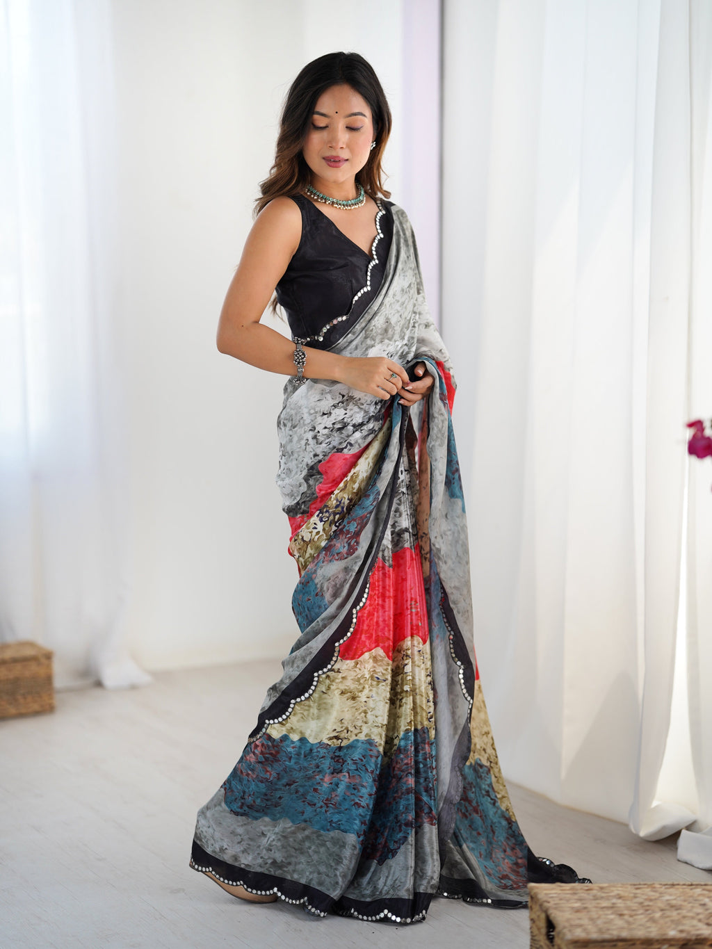 Jyoti Fashion Women's Multicolor Chinon Digital Printed Designer Saree with Blouse | Grocsy