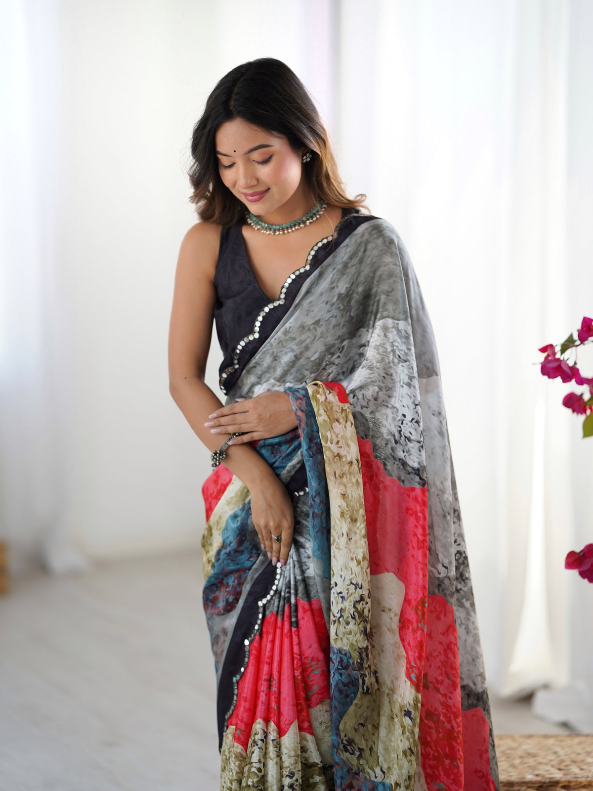 Jyoti Fashion Women's Multicolor Chinon Digital Printed Designer Saree with Blouse | Grocsy