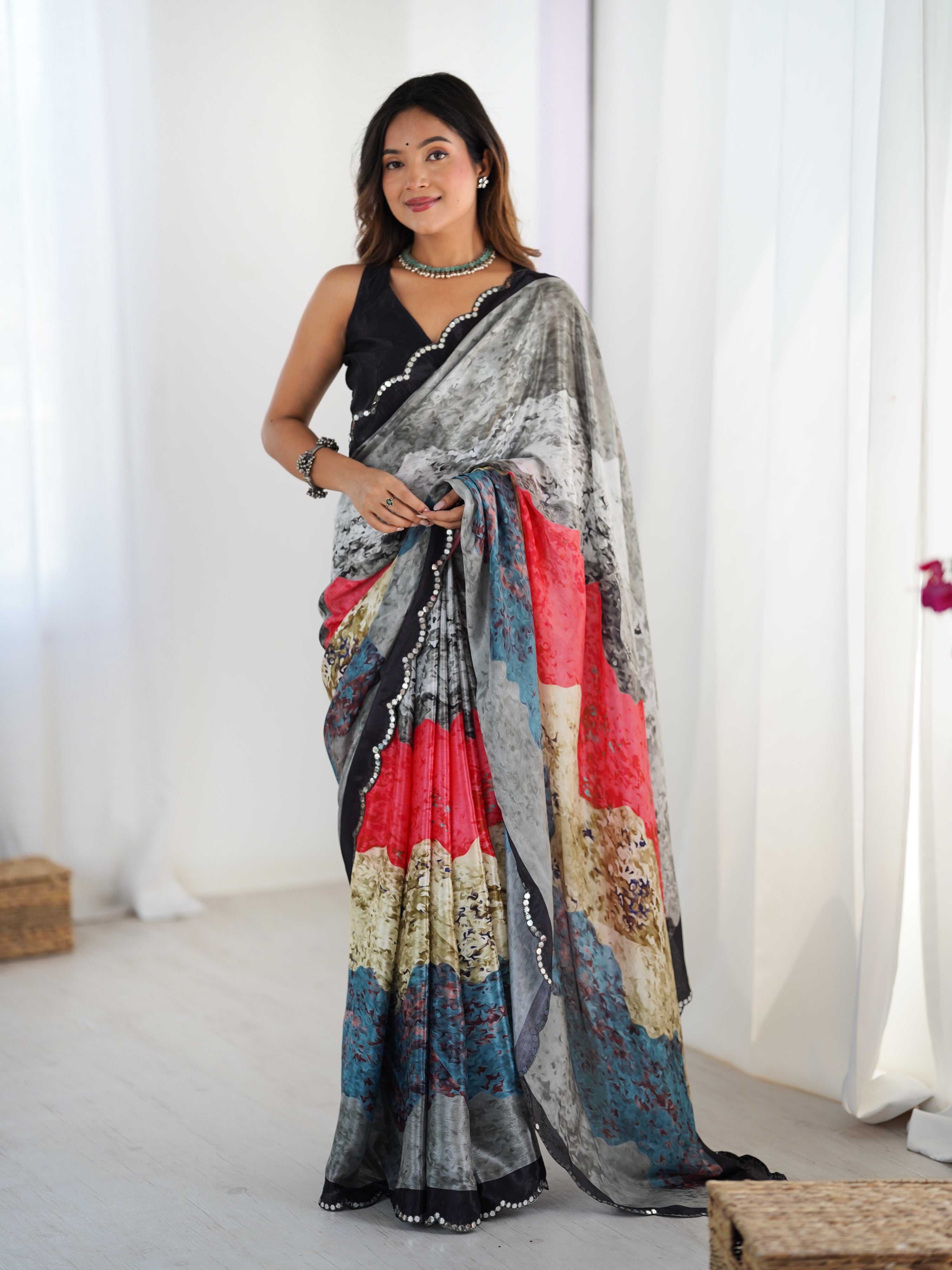Jyoti Fashion Women's Multicolor Chinon Digital Printed Designer Saree with Blouse | Grocsy