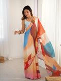 Jyoti Fashion Women's Multicolor Chinon Digital Printed Designer Saree with Blouse | Grocsy