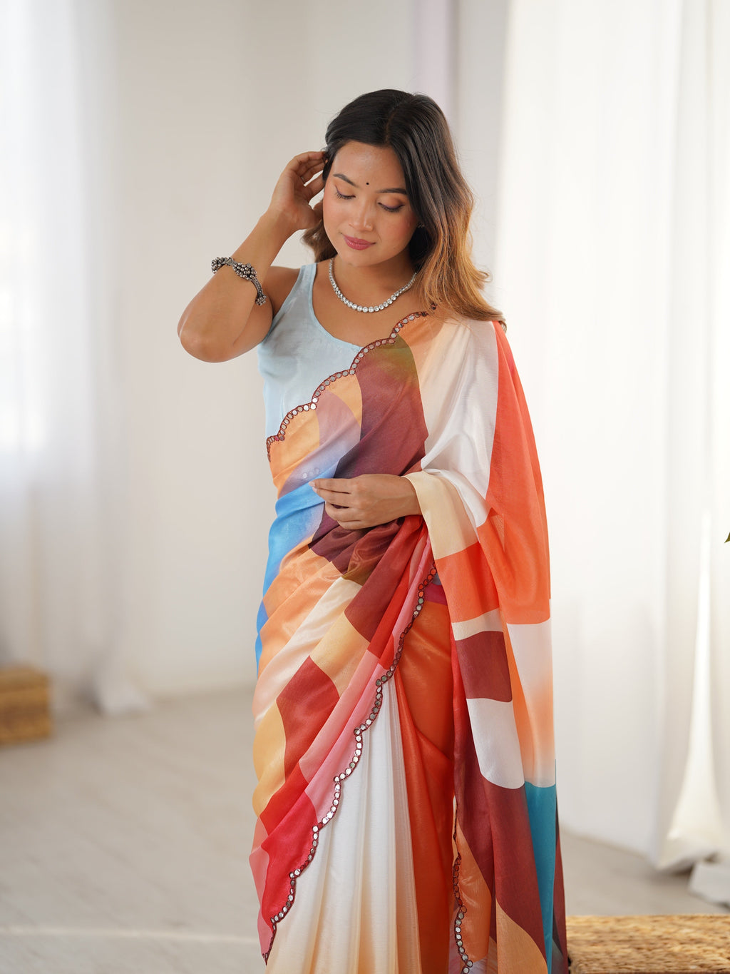 Jyoti Fashion Women's Multicolor Chinon Digital Printed Designer Saree with Blouse | Grocsy