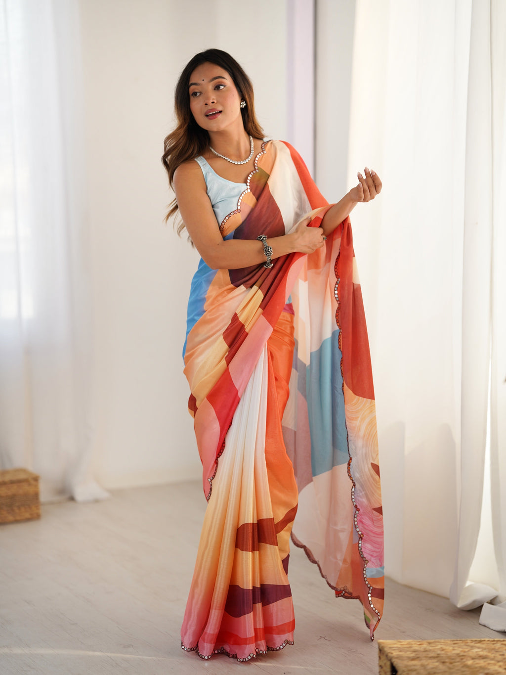 Jyoti Fashion Women's Multicolor Chinon Digital Printed Designer Saree with Blouse | Grocsy
