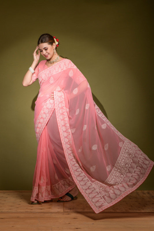 Jyoti Fashion Women's Pink Lakhnavi Thread work Georgette Saree with Blouse | Grocsy