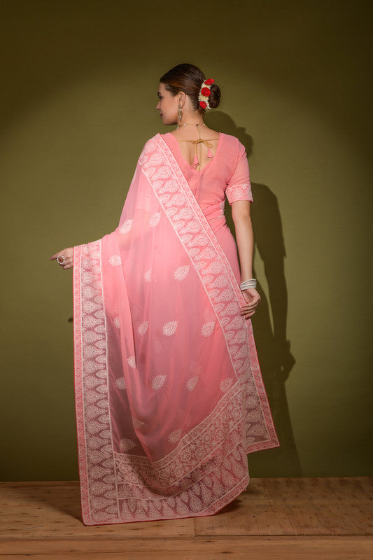 Jyoti Fashion Women's Pink Lakhnavi Thread work Georgette Saree with Blouse | Grocsy