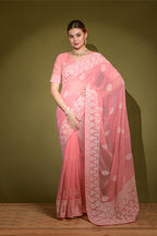 Jyoti Fashion Women's Pink Lakhnavi Thread work Georgette Saree with Blouse | Grocsy