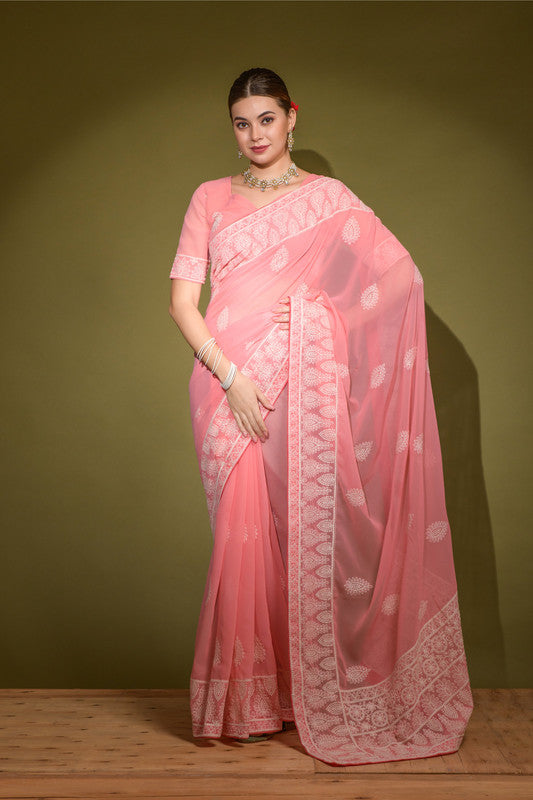 Jyoti Fashion Women's Pink Lakhnavi Thread work Georgette Saree with Blouse | Grocsy
