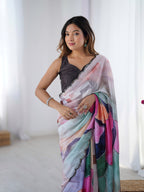 Jyoti Fashion Women's Multicolor Chinon Digital Printed Designer Saree with Blouse | Grocsy