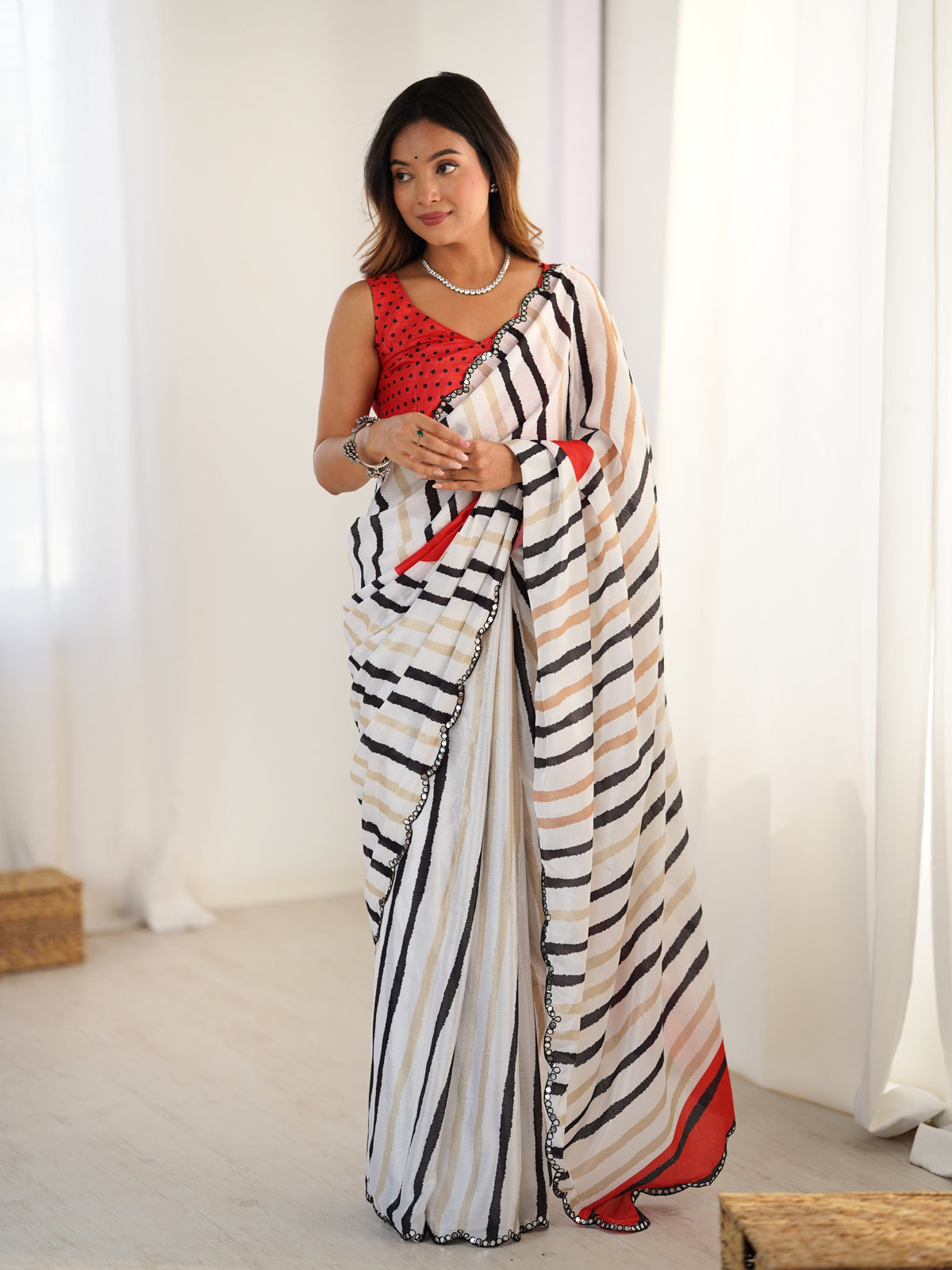 Jyoti Fashion Women's Off White Chinon Digital Printed Designer Saree with Blouse | Grocsy
