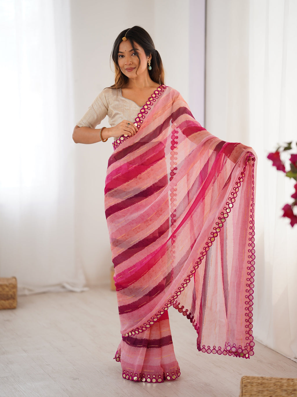 Jyoti Fashion Women's Pink Chinon Leriya Zari Printed Designer Saree with Blouse | Grocsy