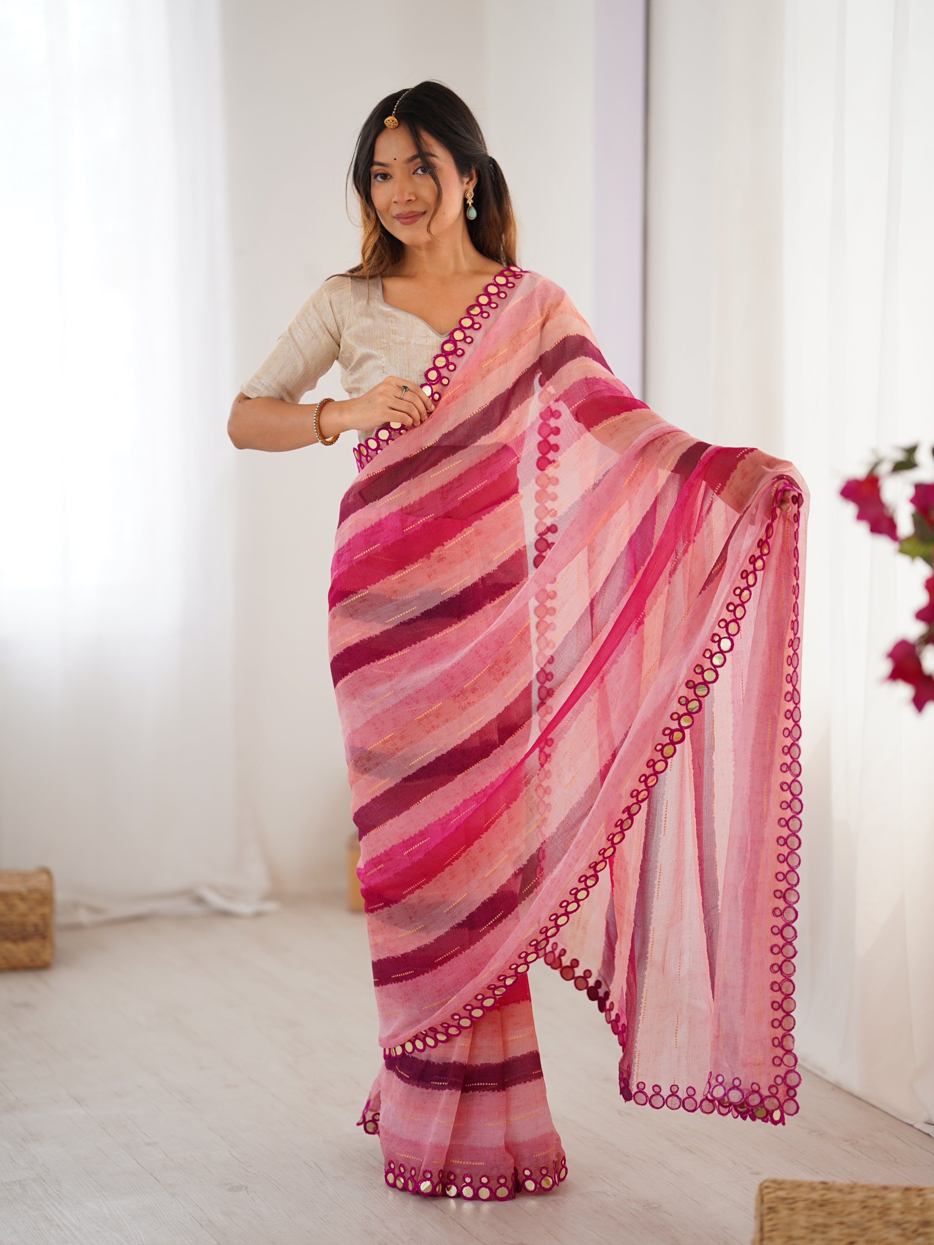Jyoti Fashion Women's Pink Chinon Leriya Zari Printed Designer Saree with Blouse | Grocsy