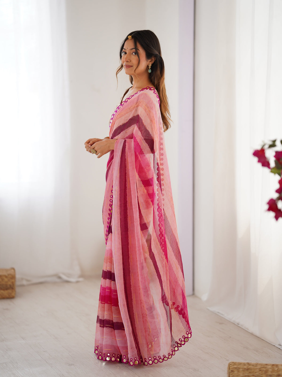 Jyoti Fashion Women's Pink Chinon Leriya Zari Printed Designer Saree with Blouse | Grocsy