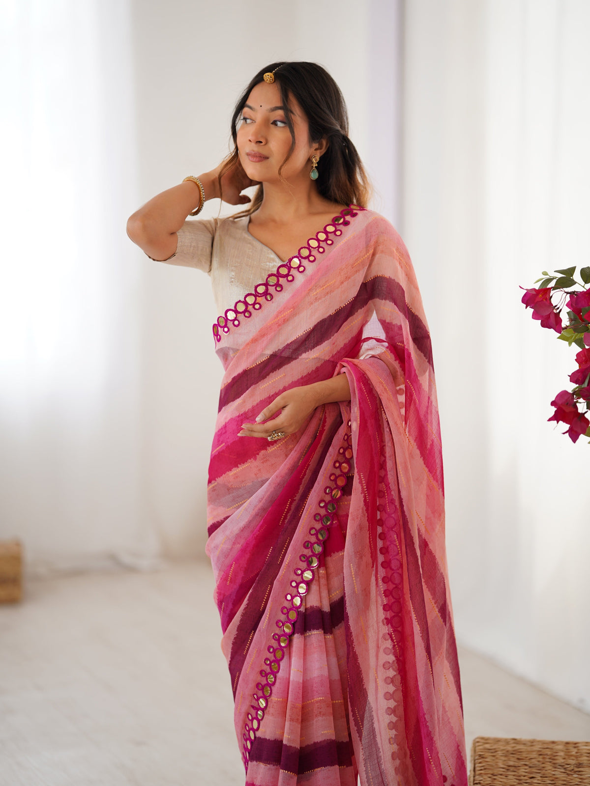 Jyoti Fashion Women's Pink Chinon Leriya Zari Printed Designer Saree with Blouse | Grocsy