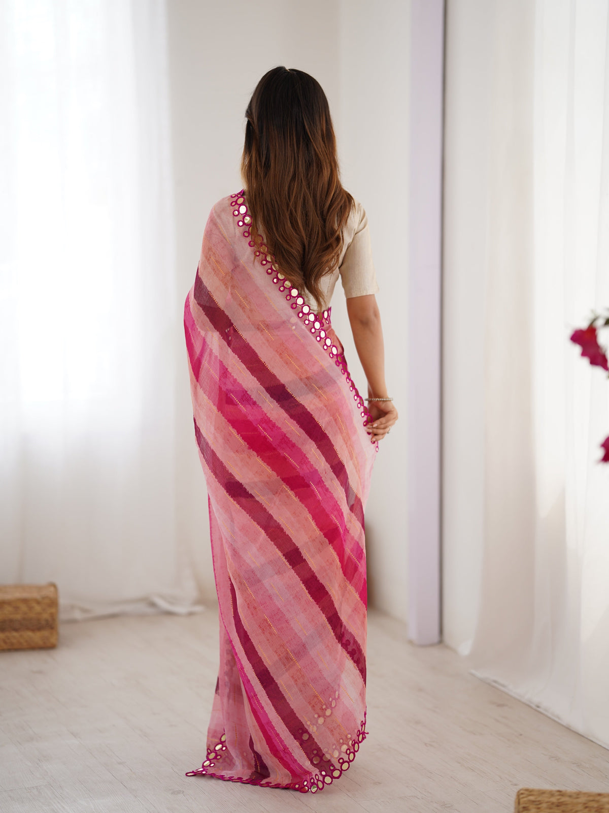 Jyoti Fashion Women's Pink Chinon Leriya Zari Printed Designer Saree with Blouse | Grocsy