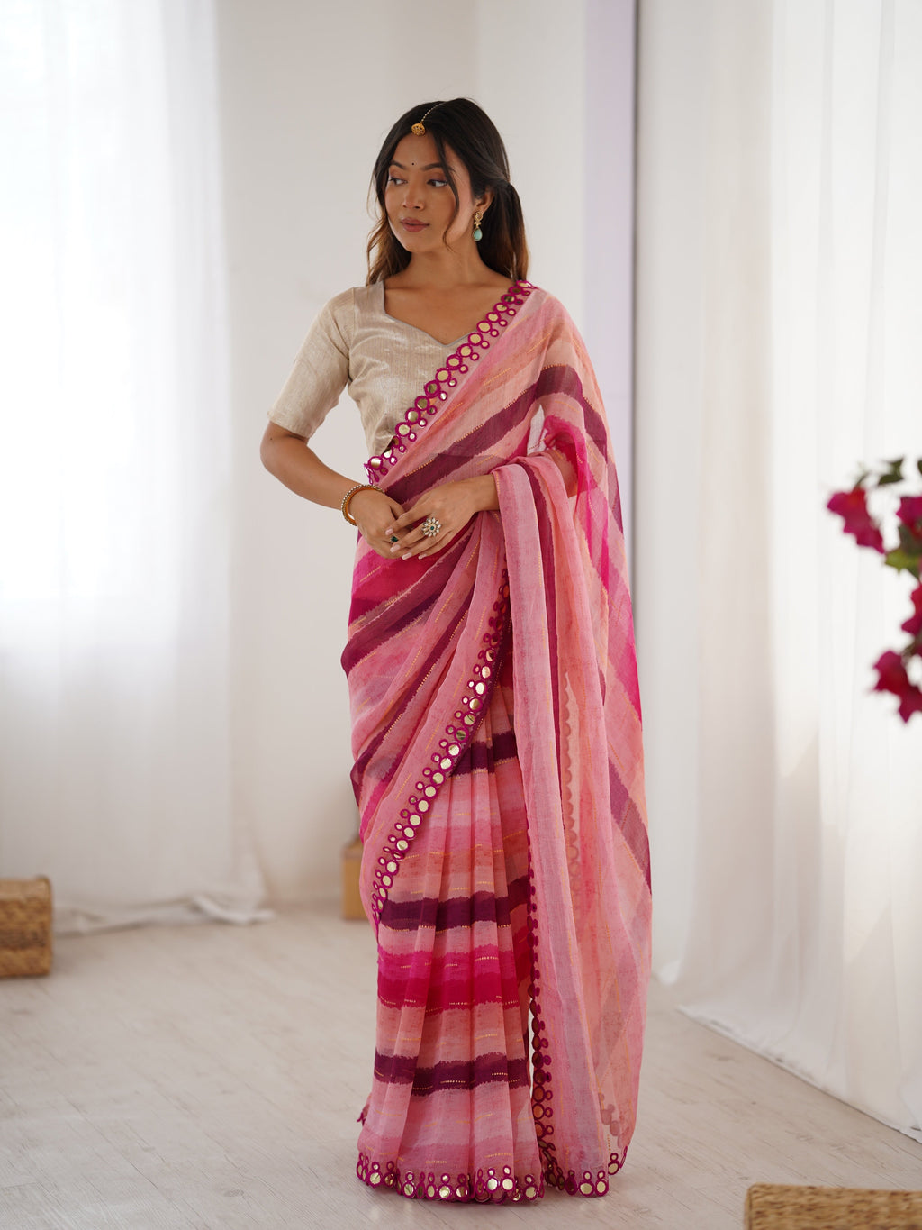 Jyoti Fashion Women's Pink Chinon Leriya Zari Printed Designer Saree with Blouse | Grocsy