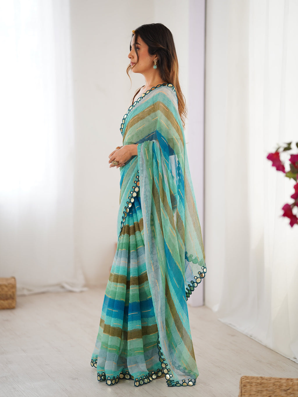 Jyoti Fashion Women's Sky Blue Chinon Leriya Zari Printed Designer Saree with Blouse | Grocsy