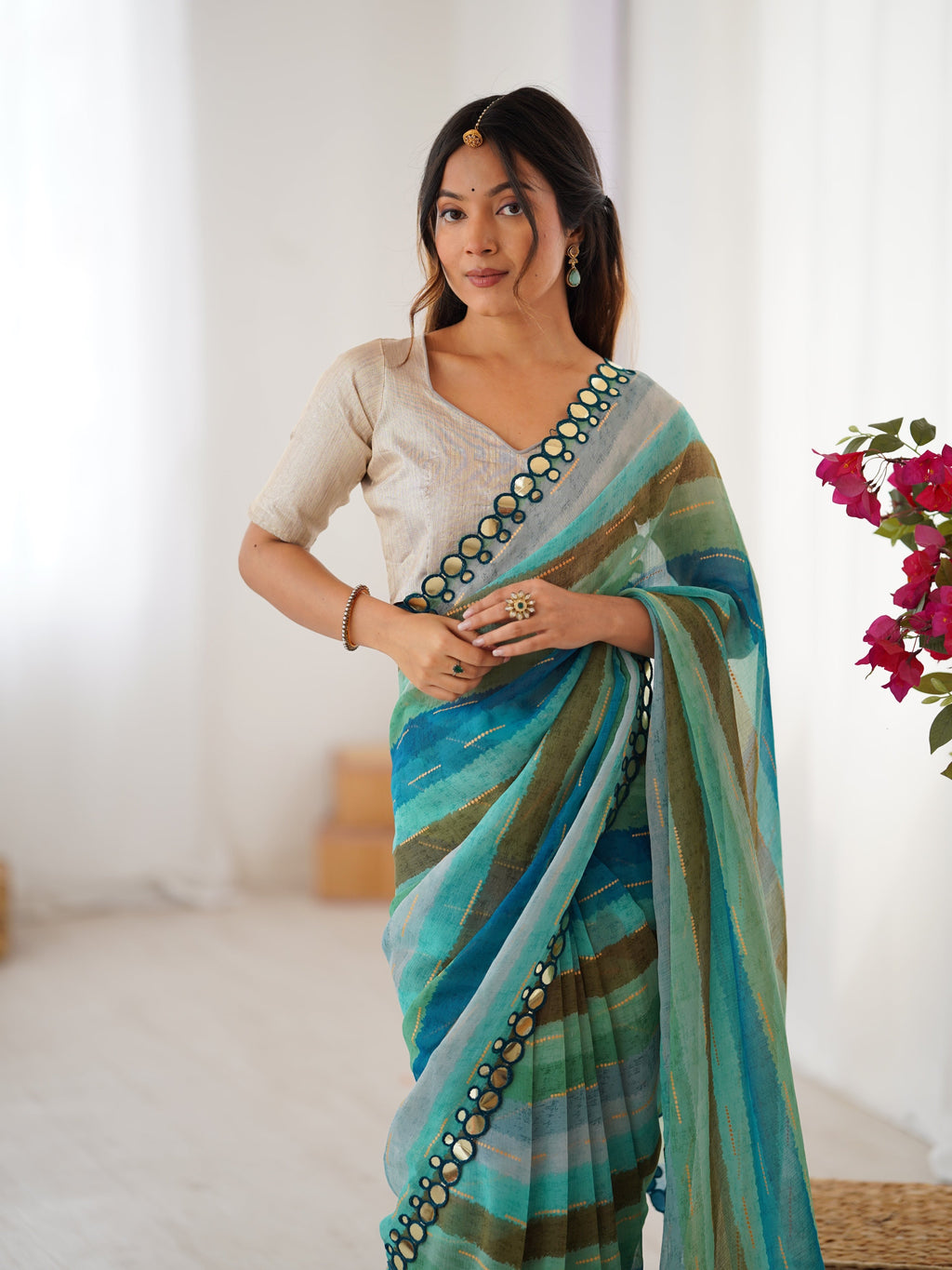 Jyoti Fashion Women's Sky Blue Chinon Leriya Zari Printed Designer Saree with Blouse | Grocsy