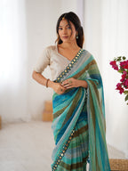 Jyoti Fashion Women's Sky Blue Chinon Leriya Zari Printed Designer Saree with Blouse | Grocsy