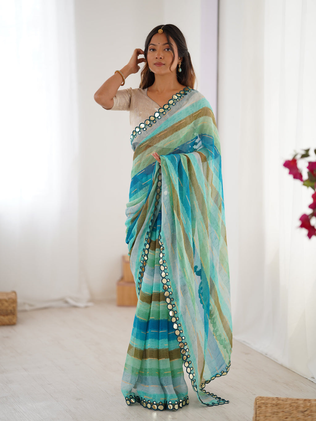 Jyoti Fashion Women's Sky Blue Chinon Leriya Zari Printed Designer Saree with Blouse | Grocsy