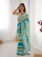 Jyoti Fashion Women's Sky Blue Chinon Leriya Zari Printed Designer Saree with Blouse | Grocsy