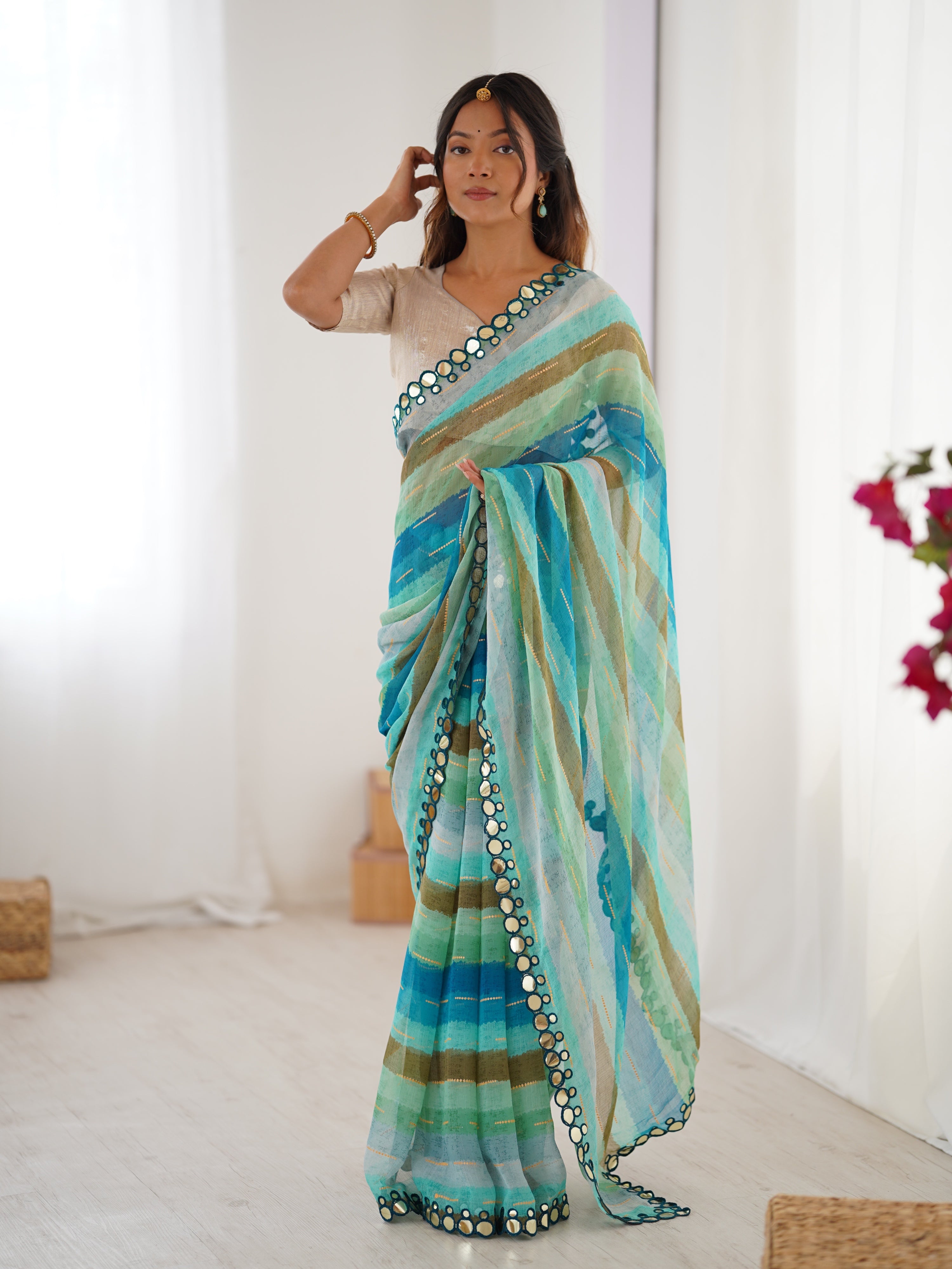 Jyoti Fashion Women's Sky Blue Chinon Leriya Zari Printed Designer Saree with Blouse | Grocsy