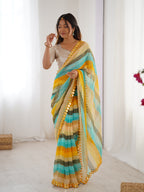 Jyoti Fashion Women's Yellow Chinon Leriya Zari Printed Designer Saree with Blouse | Grocsy